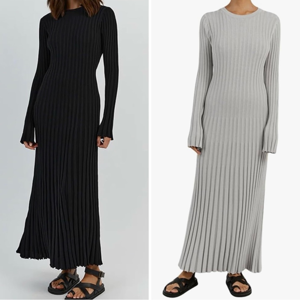LIKE NEW 2PC Black and Dark Gray Ribbed Bell Sleeve Long Maxi Dress Lot XS/S